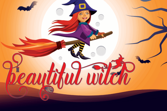 34 Best Halloween Fonts for Cricut Projects to Sell 24 Colorful illustration of a witch flying on a broomstick with the text 'beautiful witch' in a Halloween theme.