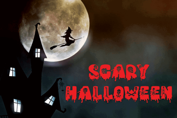34 Best Halloween Fonts for Cricut Projects to Sell 25 A spooky Halloween scene featuring a witch flying on a broomstick in front of a full moon.