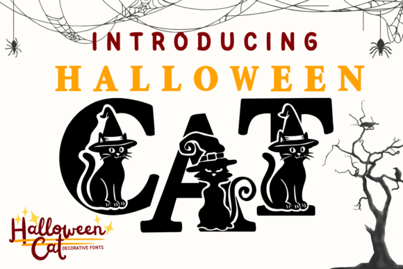 34 Best Halloween Fonts for Cricut Projects to Sell 15 Halloween Cat font design featuring two black cats in witch hats.