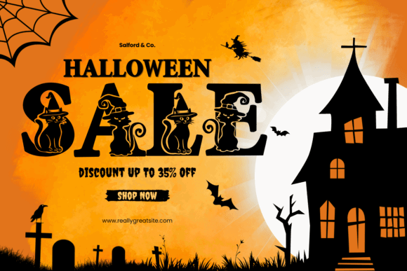 34 Best Halloween Fonts for Cricut Projects to Sell 16 Halloween sale banner featuring black cats, a haunted house, and bats against an orange background.