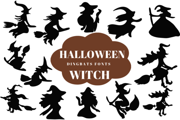 34 Best Halloween Fonts for Cricut Projects to Sell 31 Silhouettes of witches in various poses with the text 'Halloween Dingbats Fonts' in the center.