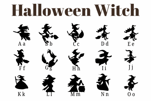 34 Best Halloween Fonts for Cricut Projects to Sell 32 Silhouettes of witches in various poses with letters A to O for Halloween font design.