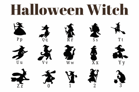 34 Best Halloween Fonts for Cricut Projects to Sell 33 Silhouettes of witches in various poses with letters underneath.