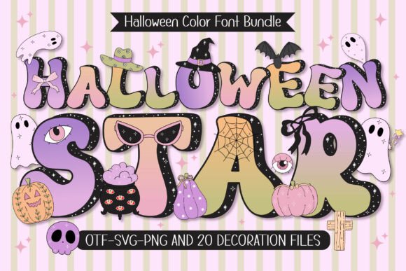 13 Best Halloween Color Font for Designers 5 Colorful Halloween font design featuring pumpkins, ghosts, and spooky elements.