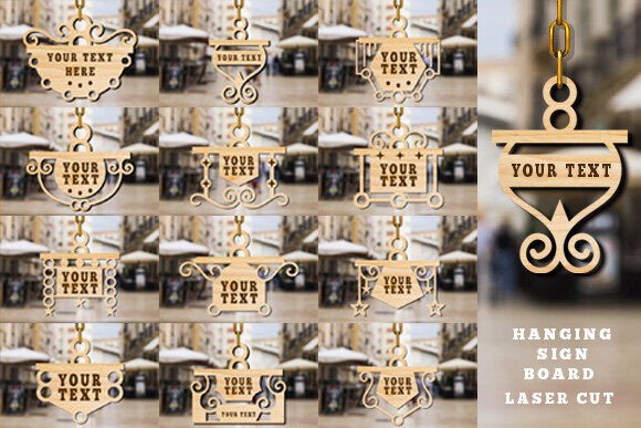 Wood Laser Cut Ideas: 45 Creative Projects Worth Making 23 Various laser cut wooden hanging signboard designs with customizable text.