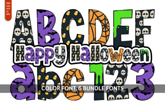 13 Best Halloween Color Font for Designers 13 Colorful Halloween font featuring letters and skulls in purple, orange, and black.