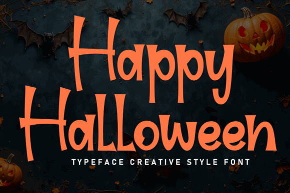 34 Best Halloween Fonts for Cricut Projects to Sell 59 Happy Halloween text in a playful font with pumpkins and bats in the background.