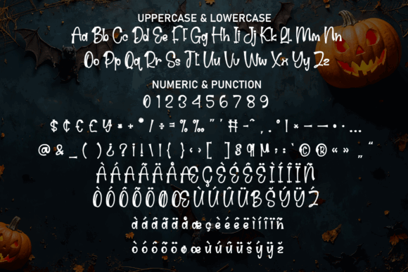 34 Best Halloween Fonts for Cricut Projects to Sell 60 Halloween-themed font characters and symbols on a dark background with pumpkins.