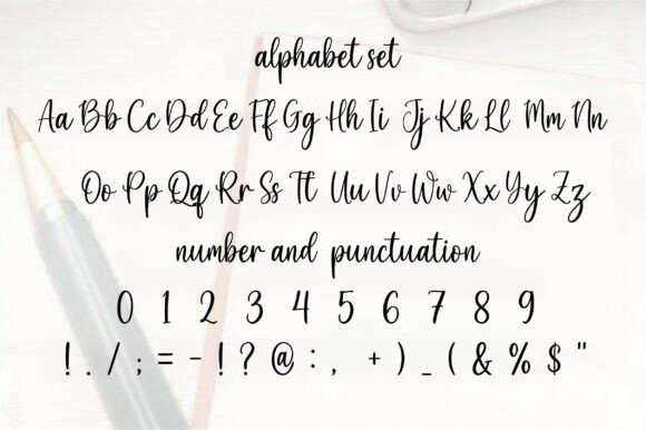 16 Soft Aesthetic Fonts: Beautiful Picks for Feminine Designs 7 Handwritten alphabet set with numbers and punctuation in a soft aesthetic font.