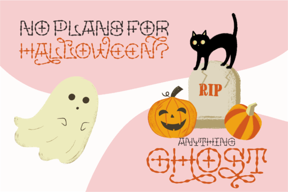 Halloween Fonts: 44 Best Picks for Cards, Signs & Cricut 54 A ghost, black cat, tombstone, and pumpkins with Halloween text.