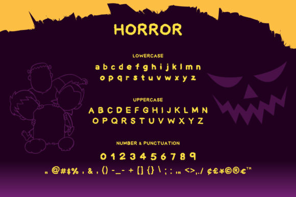 47 Best Halloween Fonts for Crafts, Parties, and Products 26 Horror font showcasing uppercase, lowercase, and punctuation characters with a spooky background.