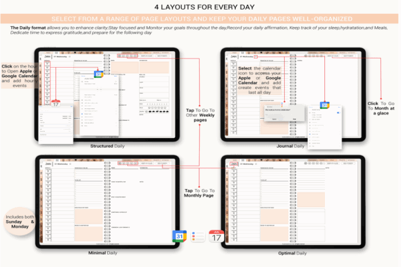Weekly Digital Planner Templates: 10 Best Picks for 2026 29 Four layouts for daily planning on digital devices, showcasing structured, journal, minimal, and optimal designs.