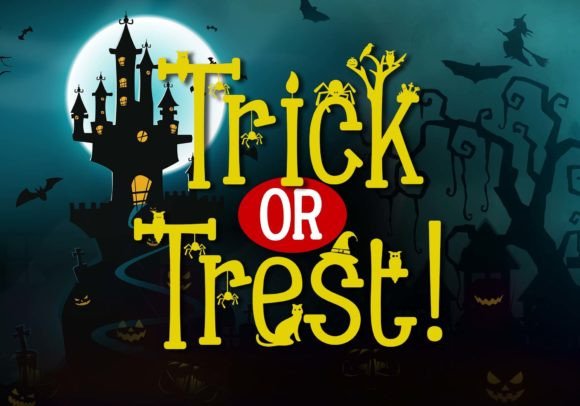 36 Best Halloween Fonts for Invitations, Shirts, Signs, and Crafts 9 Colorful Halloween-themed text 'Trick or Trest!' with a spooky castle and bats in the background.