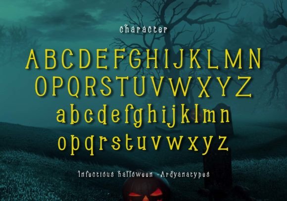 36 Best Halloween Fonts for Invitations, Shirts, Signs, and Crafts 8 Infectious Halloween font displayed with uppercase and lowercase letters against a spooky background.