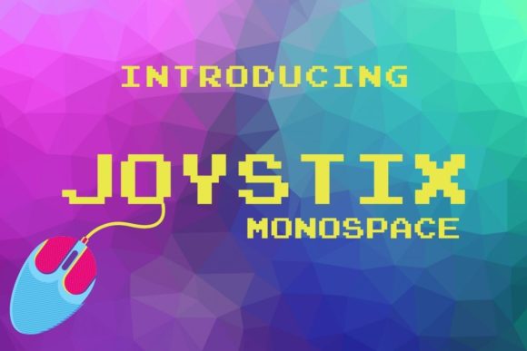 15 Best Monospace Fonts for Coding, Branding and Web Design 4 Colorful graphic introducing Joystix Monospace font with a mouse illustration.