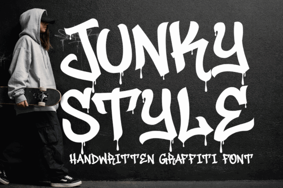 15 Premium Graffiti Fonts That Actually Look Hand-Painted 16 Junky Style graffiti font displayed on a wall with a person holding a skateboard.