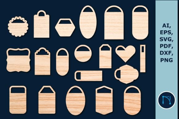 34 Acrylic Laser Cut Designs That Look Professional 32 Various laser cut tag shapes in different styles and sizes on a dark background.