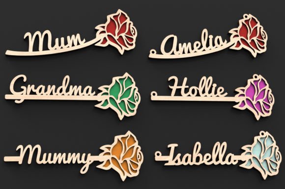 34 Acrylic Laser Cut Designs That Look Professional 19 Personalized laser cut name signs with rose designs in various colors.