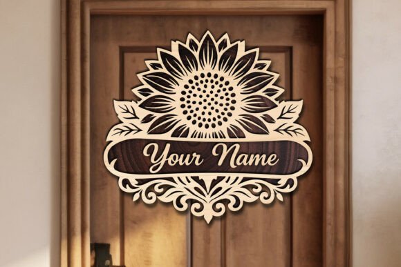 34 Acrylic Laser Cut Designs That Look Professional 2 Custom sunflower name sign with decorative elements and space for personalization.