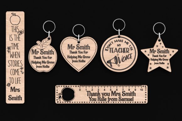 Laser Cut Teacher Appreciation Gifts: 45 Personalized Ideas 48 Personalized laser cut teacher keychains and ruler with names and appreciation messages.