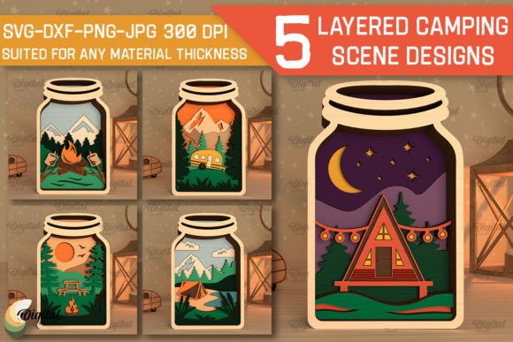 Wood Laser Cut Ideas: 45 Creative Projects Worth Making 33 Layered camping scene designs featuring a tent, mountains, and a camper in a jar shape.