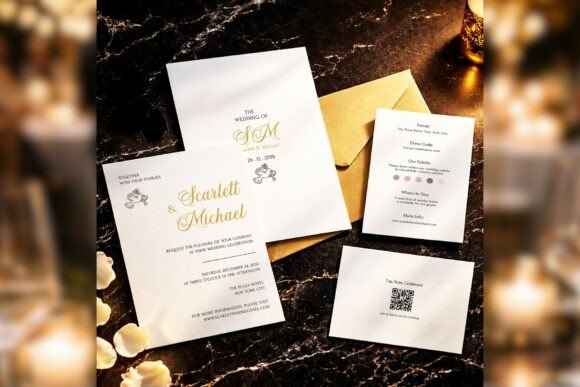 14 Wedding Invitation Template Ideas That Look Expensive 7 Elegant wedding invitation suite with gold accents on a dark marble background.
