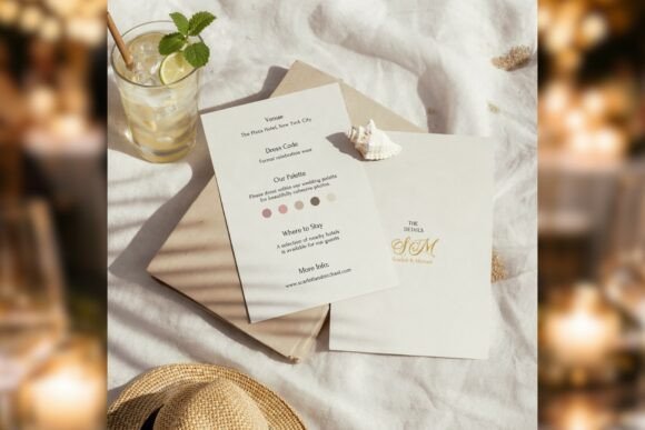 14 Wedding Invitation Template Ideas That Look Expensive 8 Elegant wedding invitation suite with a gold monogram on a textured background, accompanied by a drink and decorative