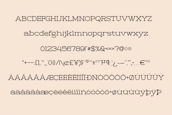 18 Best Slab Serif Display Fonts for Bold Headlines 19 Slab serif font sample showcasing uppercase and lowercase letters, numbers, and special characters.