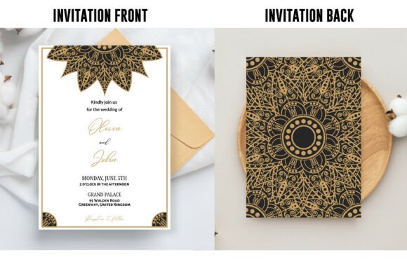 15 Wedding Invitation Template Ideas for Every Style 28 Mandala wedding invitation design featuring intricate gold patterns on a black background.