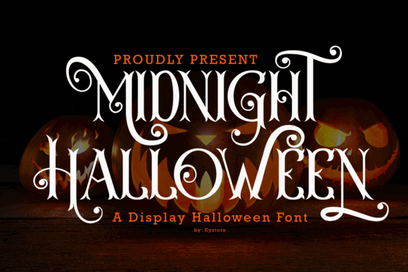 34 Best Halloween Fonts for Cricut Projects to Sell 54 Midnight Halloween font displayed with carved pumpkins in the background.