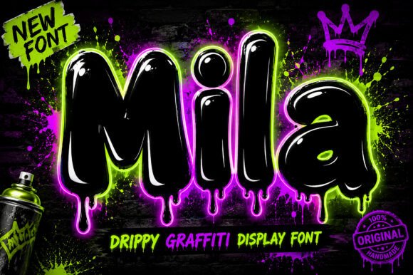 16 Soft Aesthetic Fonts: Beautiful Picks for Feminine Designs 8 Mila font displayed in a vibrant graffiti style with drips and neon colors.