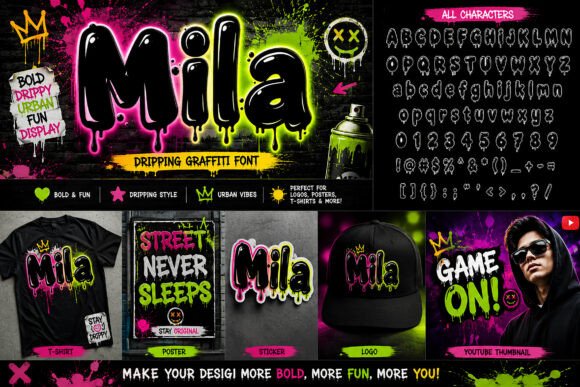 16 Soft Aesthetic Fonts: Beautiful Picks for Feminine Designs 9 Mila font showcased in a vibrant graffiti style with bold colors and urban elements.