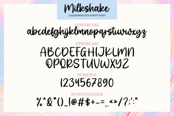 16 Handwritten Fonts for Commercial Use That Look Professional 19 Milkshake handwritten font showcasing lowercase and uppercase letters, numerals, and punctuation.