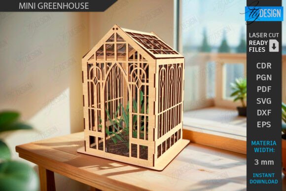 Wood Laser Cut Ideas: 45 Creative Projects Worth Making 48 Mini laser cut wooden greenhouse model on a table with plants inside.