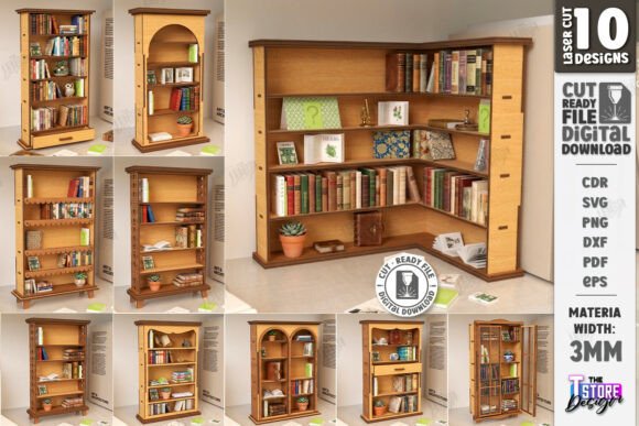 Wood Laser Cut Ideas: 45 Creative Projects Worth Making 50 Miniature bookshelf laser cut design with multiple shelves and decorative elements.