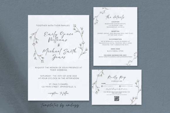 14 Editable Wedding Invitation Templates for Modern Couples 8 Minimal wedding invitation suite with floral accents and RSVP card.