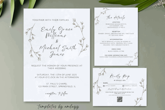 14 Editable Wedding Invitation Templates for Modern Couples 9 Minimal wedding invitation suite with floral accents and RSVP card.