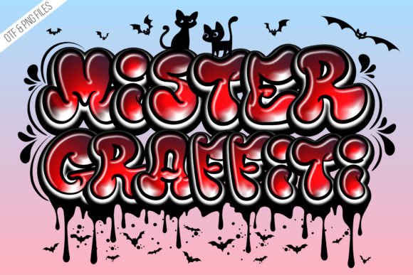20 Best Graffiti Fonts for T-Shirt Design That Print Well 18 Colorful graffiti font reading 'Mister Graffiti' with cats and bats in a playful design.