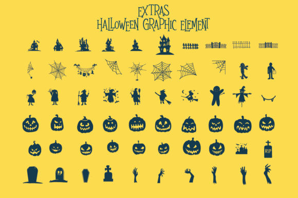 36 Best Halloween Fonts for Invitations, Shirts, Signs, and Crafts 19 Collection of Halloween graphic elements including pumpkins, ghosts, and spider webs on a yellow background.