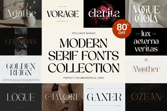 16 Best Serif Fonts Bundle for Packaging and Label Design 6 Collection of modern serif fonts with elegant designs for branding and logo use.