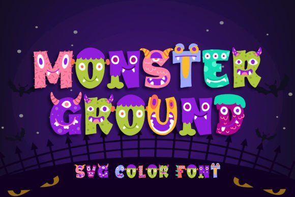 Spooky Color Fonts: 13 Best Halloween Picks for 2026 12 Colorful Halloween font displaying the words 'Monster Ground' with playful monster designs.