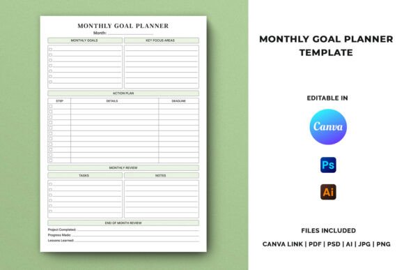 13 Monthly Planner Templates for Goals, Tasks and Events 26 Editable Monthly Goal Planner Template with sections for goals, action plans, and monthly review.