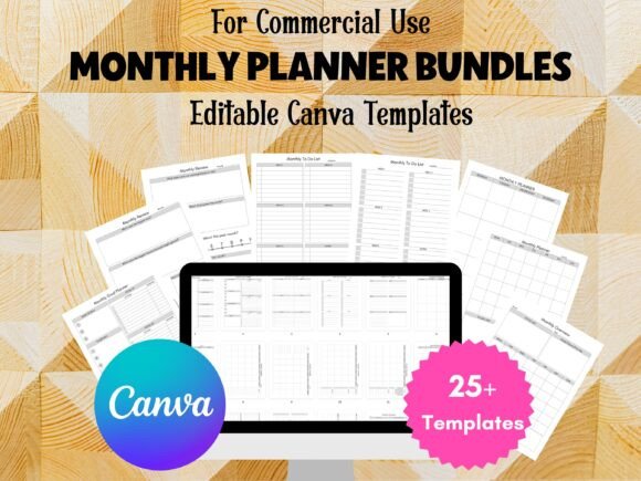 13 Monthly Planner Templates for Goals, Tasks and Events 8 Editable monthly planner templates displayed on a laptop screen.
