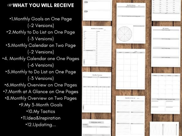 13 Monthly Planner Templates for Goals, Tasks and Events 9 Various monthly planner templates showcasing layouts for goals, tasks, and events.