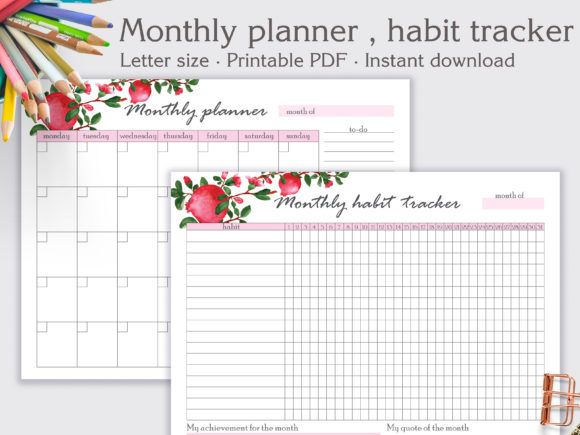 13 Monthly Planner Templates for Goals, Tasks and Events 5 Monthly planner and habit tracker template with floral design, featuring calendar and tracking grids.
