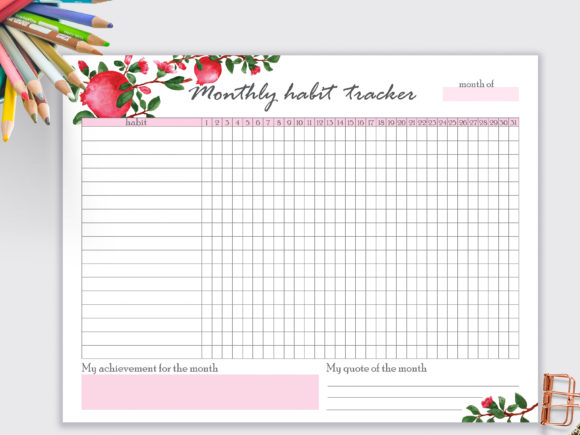 13 Monthly Planner Templates for Goals, Tasks and Events 6 Monthly habit tracker template with floral design and grid layout for tracking habits.