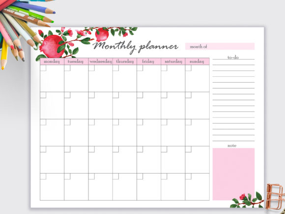 13 Monthly Planner Templates for Goals, Tasks and Events 7 Monthly planner template with floral design and empty calendar boxes.