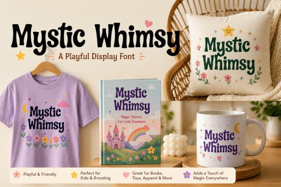 16 Soft Aesthetic Fonts: Beautiful Picks for Feminine Designs 11 Playful display font 'Mystic Whimsy' showcased on various products.