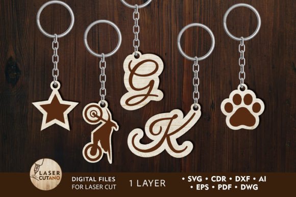 34 Acrylic Laser Cut Designs That Look Professional 30 Laser cut keychains featuring various designs including letters and shapes.
