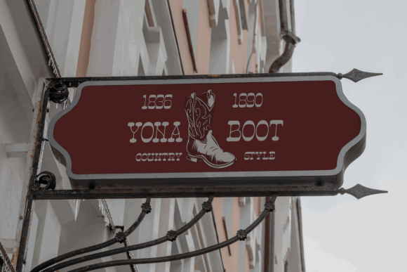 Fonts Similar to Clarendon: 15 Powerful Alternatives 42 Vintage sign for Yona Boot with a cowboy boot graphic.